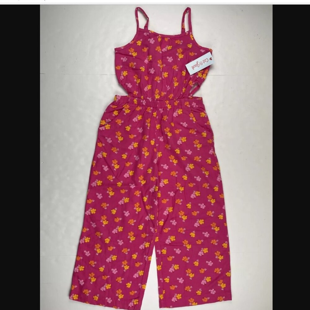 Cat & Jack Girls Sleeveless Jumpsuit Pink Floral Romper with Side Cut-Out XL(14)